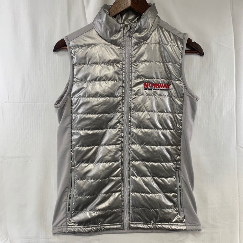 Disney Parks Puffer Vest Women Small Silver Metallic Epcot Norway Zip